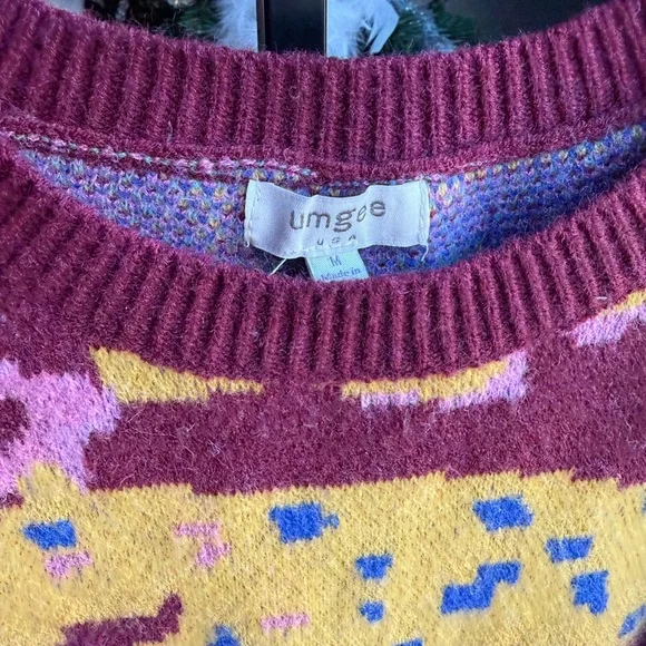 Umgee Women's Burgundy and Yellow Animal Print Sweater - Picture 5 of 5